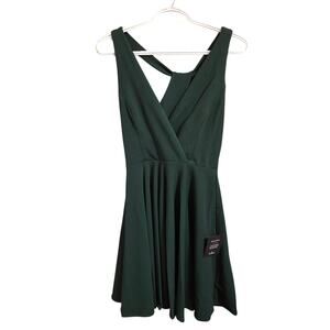 Lulus Wonder Whirl Deep Green Twist Back Skater Dress XS